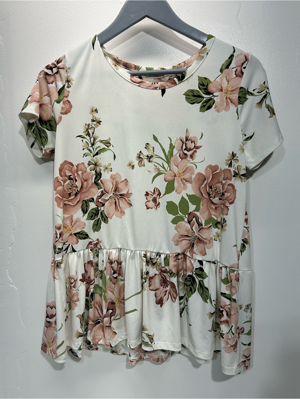 Floral Peplum Short Sleeve Tunic - White with Blush Floral